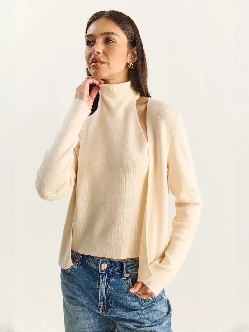 Bianco Lucci Cream Natural LUCCI Half Turtleneck Cut Out Ribbed Blouse for Women | Best Price UAE