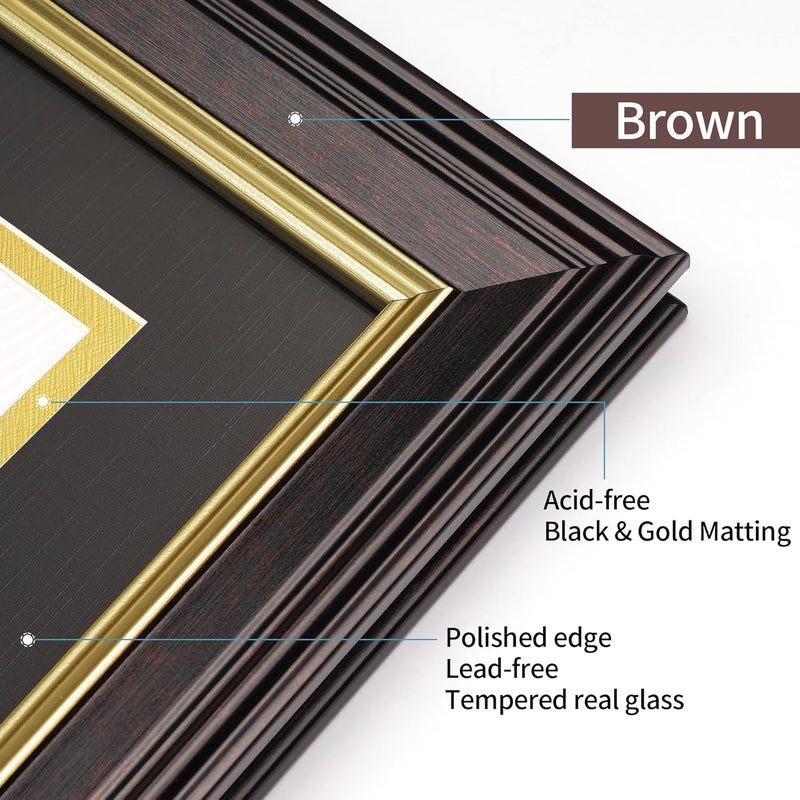 FrameMind 8.5x11 Diploma Frame with Black over Gold Acid-free Mat or Display 11x14 Document without Mat, Certificate Frame with Tempered Glass, Tabletop or Wall Mount (1 Pack, Brown/Black) - Image 4