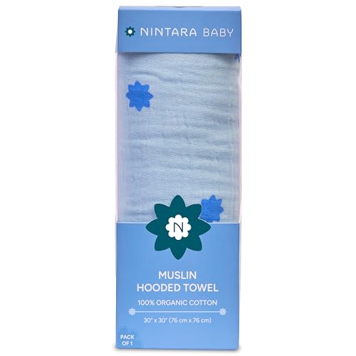 NINTARABABY Hooded Towel - 100% Organic Premium Muslin Cotton, 30" x 30" (76 cm x 76 cm), Ultra-Absorbent, Soft, Breathable, Hypoallergenic, Multipurpose, Gifts for Babies & Infants - Image 1