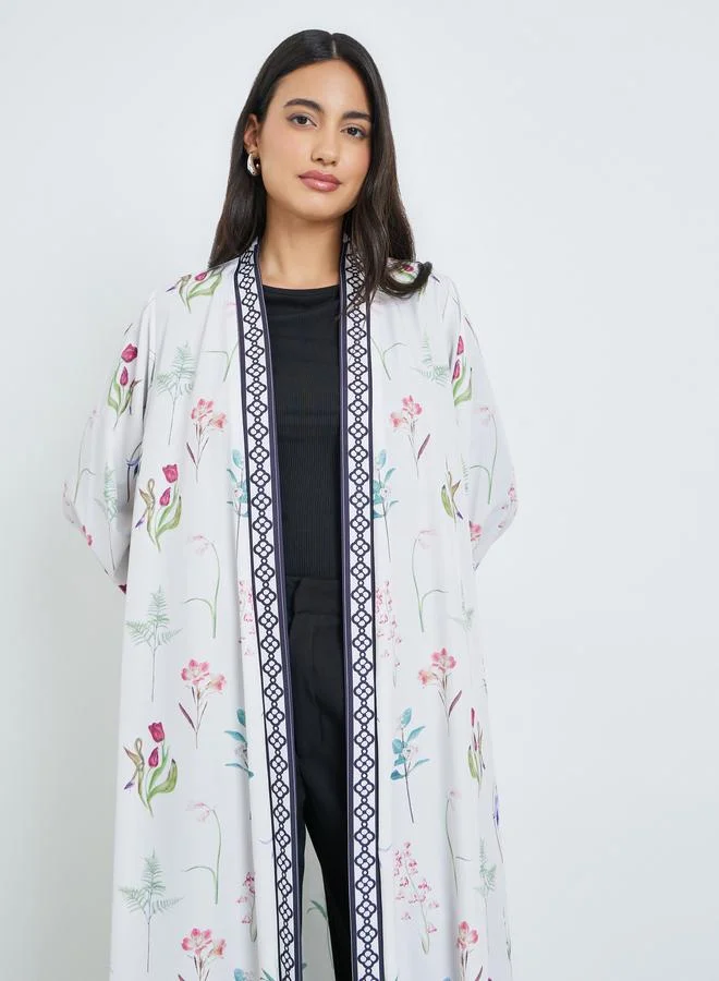 Amirah White Floral Print Front Open Abaya