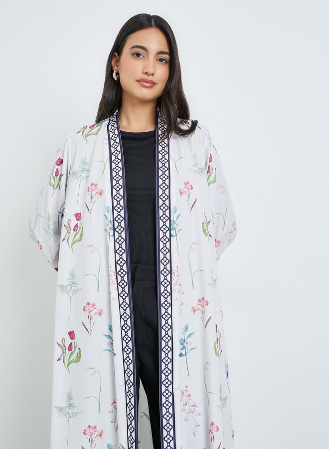 Amirah White Floral Print Front Open Abaya - Image 2