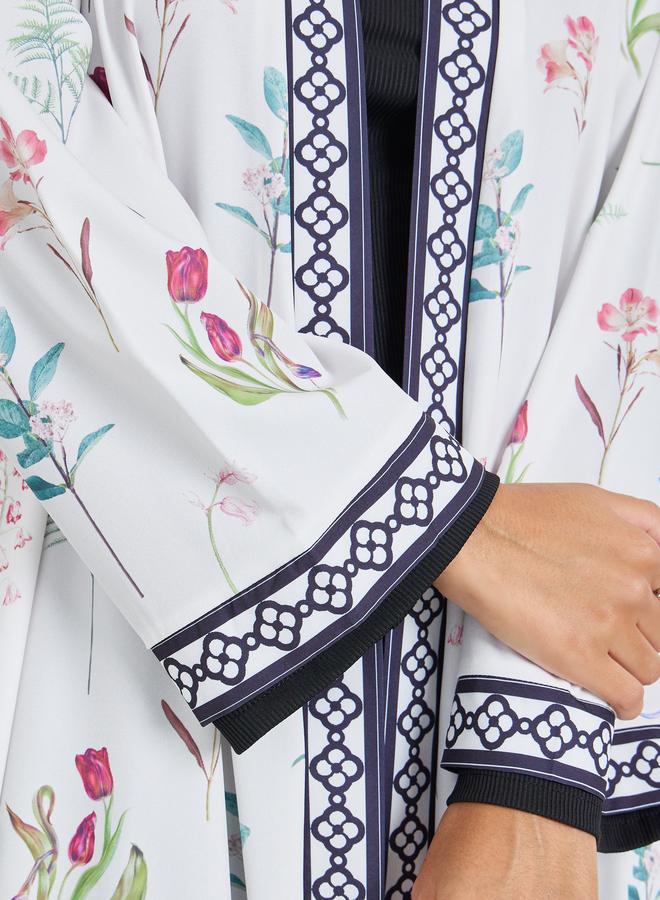 Amirah White Floral Print Front Open Abaya - Image 3