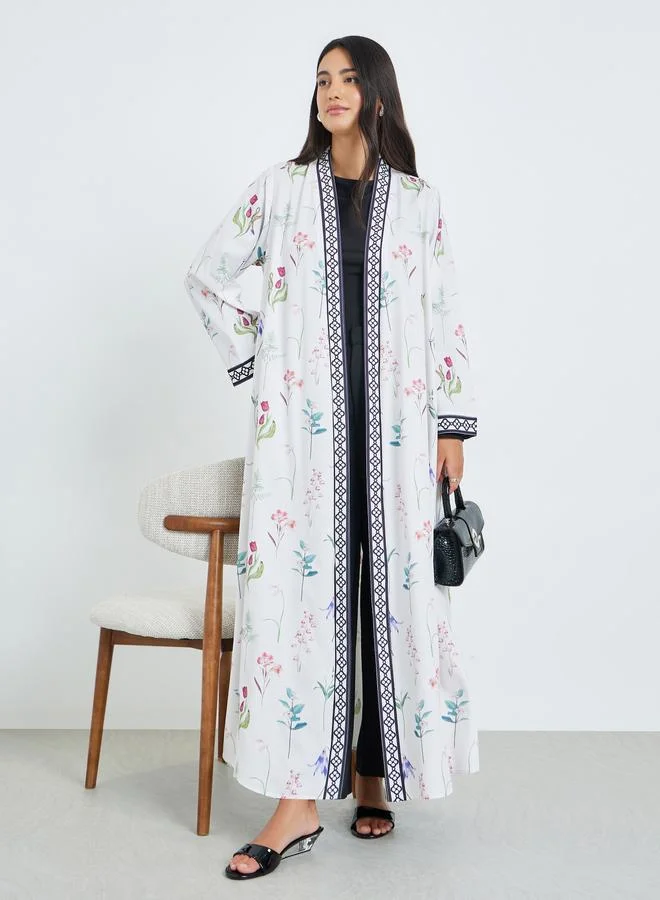 White Floral Print Front Open Abaya