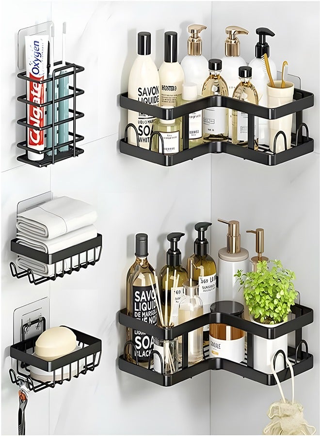 HOOPZOZA 5PCS  Corner Shower Caddy with Soap Holder and Toothbrush Holder and 16 Hooks Adhesive Shower Organizer  Bathroom Organizer Shower Rack  Bathroom Shower Storage Shelf Rustproof Stainless Steel Shelf for Kitchen Home Decor Bath - Image 1