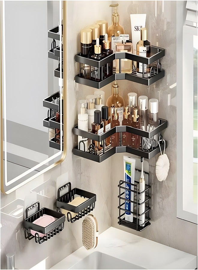 HOOPZOZA 5PCS  Corner Shower Caddy with Soap Holder and Toothbrush Holder and 16 Hooks Adhesive Shower Organizer  Bathroom Organizer Shower Rack  Bathroom Shower Storage Shelf Rustproof Stainless Steel Shelf for Kitchen Home Decor Bath - Image 2