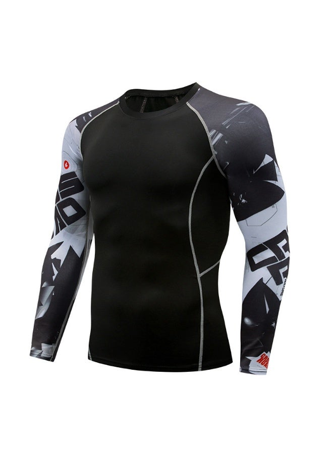 Men's Long Sleeve Fitness Print T Shirt Running Training Sports Tops Fast Drying Elastic Sportswear Tees - Image 1