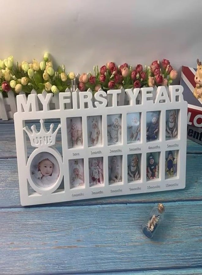 HOME ELEMENTS Baby First Year Photo Frame, Monthly Milestone Picture Collage, 13 Photo Slots with Crown Design, Tabletop Photo Frame Gift For Newborn Baby - 39x18.5cm (Blue) - Image 2