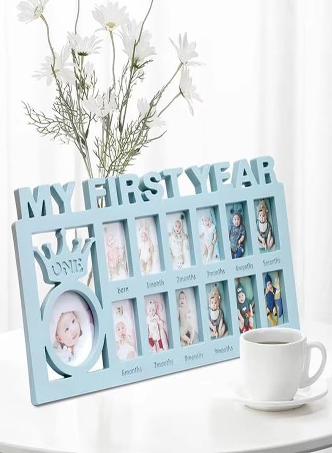 HOME ELEMENTS Baby First Year Photo Frame, Monthly Milestone Picture Collage, 13 Photo Slots with Crown Design, Tabletop Photo Frame Gift For Newborn Baby - 39x18.5cm (Blue) - Image 1