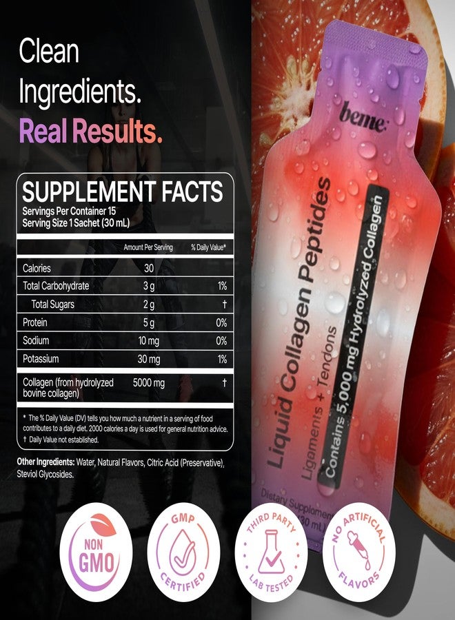 BeMe Liquid Collagen Peptides - Tendon & Ligament Supplements for Injury Prevention & Tissue Repair. Liquid Shots with TENDOFORTE for Active Recovery, Gym Performance Athletes - 15 Grapefruit Sachets - Image 3