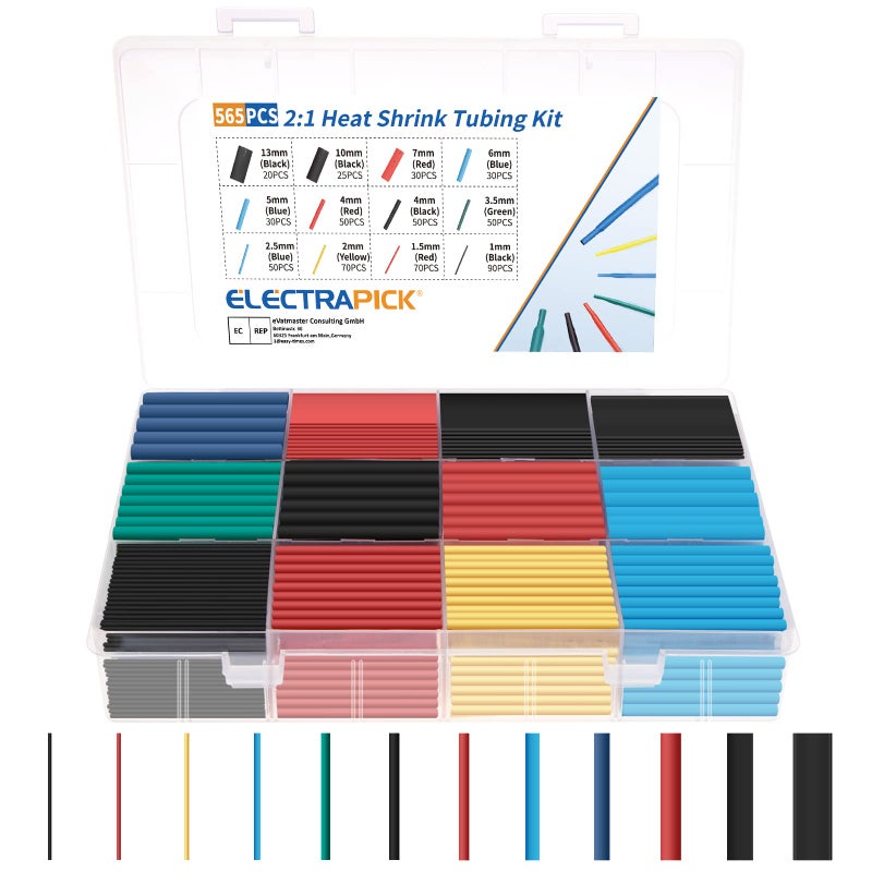 electrapick Heat Shrink Tubing，565 PCS Electric Insulation Heat Shrink Wrap Cable Sleeve, Cable Insulated Sleeving Tubes, Shrink Ratio 2: 1, 5 Colors 12 Sizes - Image 1