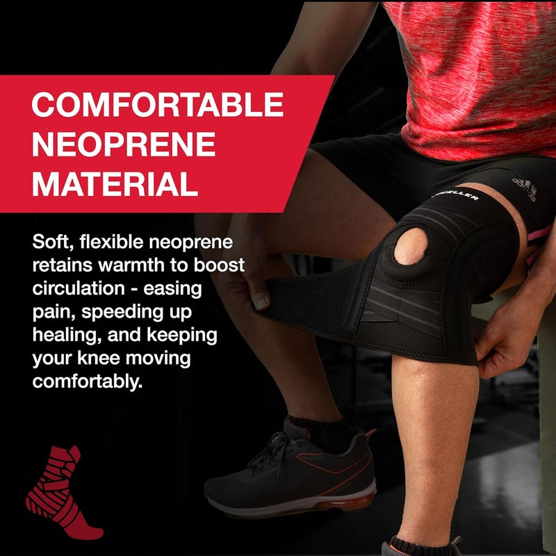 Mueller Self Adjusting Knee Stabilizer | One Size Fits Most |  Adjustable Knee Brace Support with Steel Springs & Patella Buttress, Black - Image 2