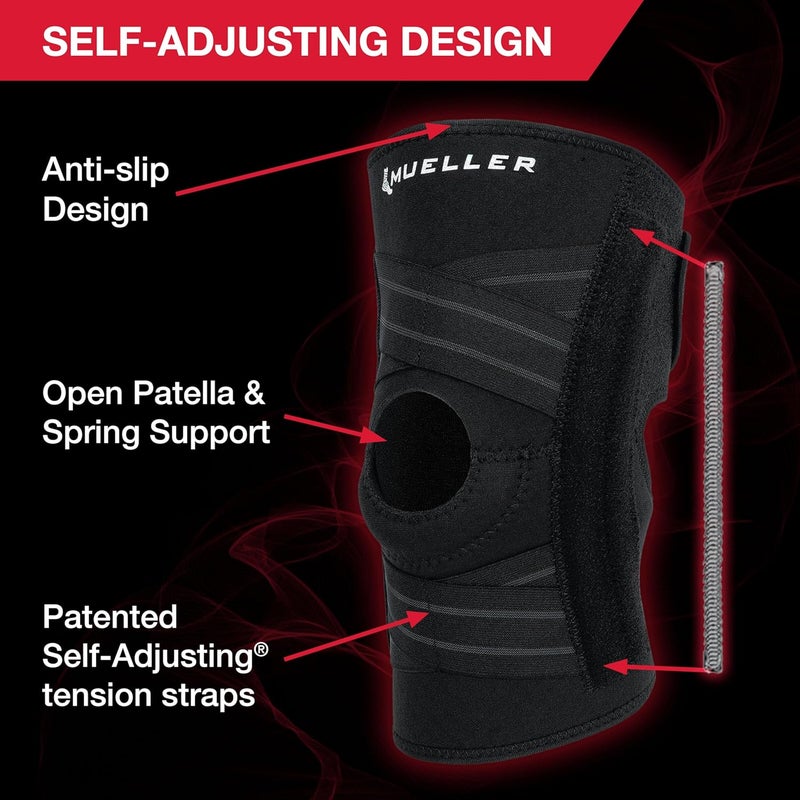 Mueller Self Adjusting Knee Stabilizer | One Size Fits Most |  Adjustable Knee Brace Support with Steel Springs & Patella Buttress, Black - Image 5