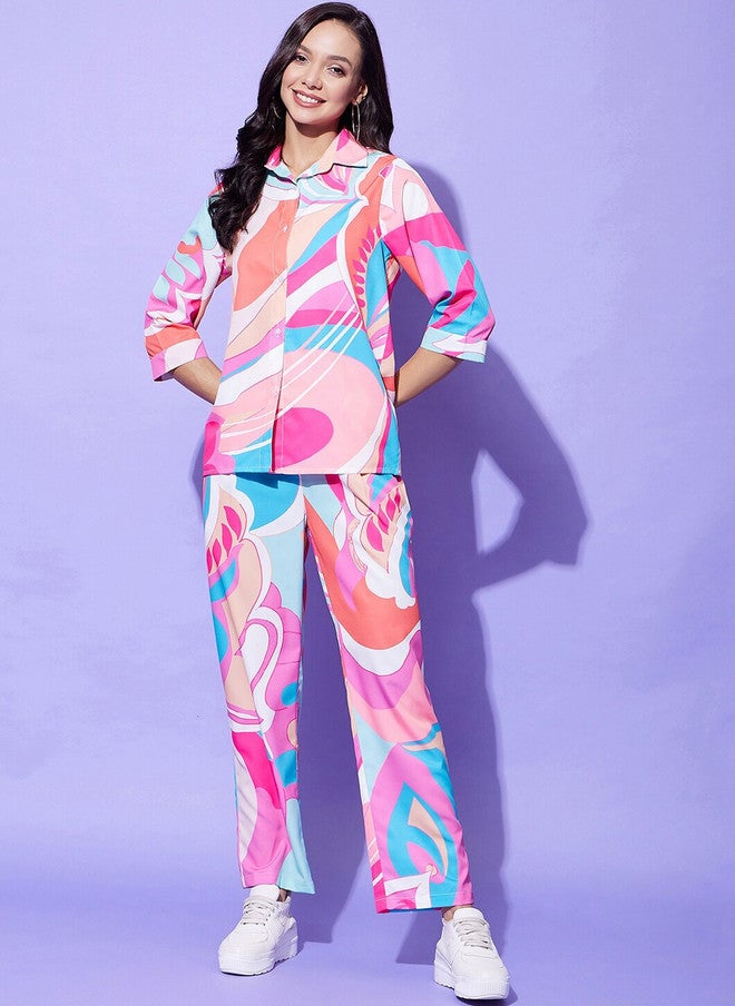 StyleStone طقم نسائي مطبوع من ستايل ستون باللون الوردي والأزرق والأبيض - Image 1