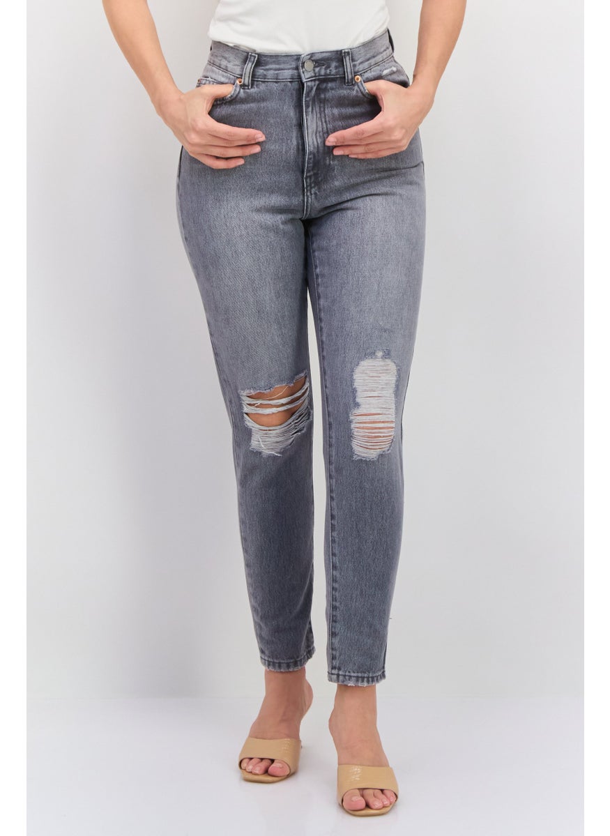 Dr Denim Women Regular Fit High Waist Rip Denim, Grey  - Image 1