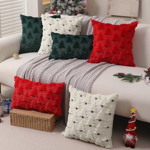 Allorry Christmas Pillow Covers 18x18 inch Set of 2 Christmas Decorations Soft Plush Faux Fur Wool Cream White Xmas Tree Throw Pillow Cases Winter Holiday Decor for Sofa Living Room PT-002D18 - Image 5