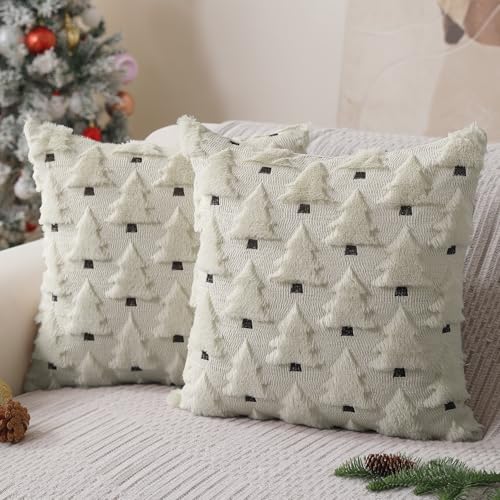 Allorry Christmas Pillow Covers 18x18 inch Set of 2 Christmas Decorations Soft Plush Faux Fur Wool Cream White Xmas Tree Throw Pillow Cases Winter Holiday Decor for Sofa Living Room PT-002D18 - Image 1