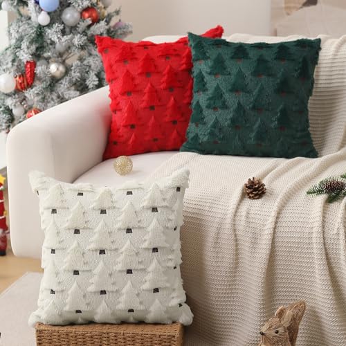 Allorry Christmas Pillow Covers 18x18 inch Set of 2 Christmas Decorations Soft Plush Faux Fur Wool Cream White Xmas Tree Throw Pillow Cases Winter Holiday Decor for Sofa Living Room PT-002D18 - Image 4