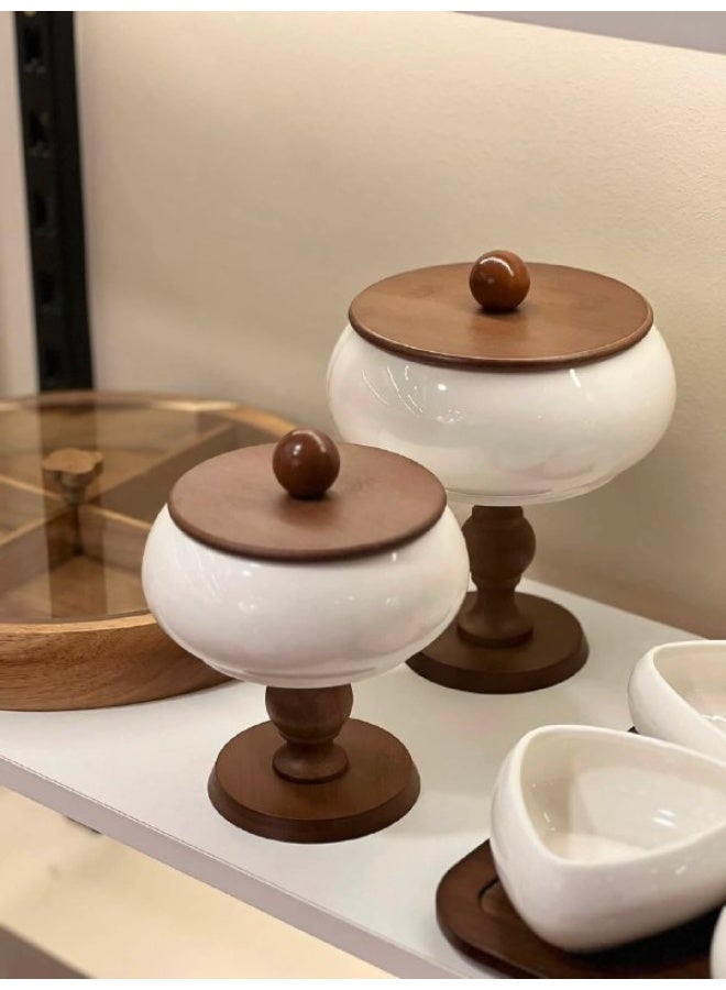 Porcelain candy dish with a wooden lid; 12 cm diameter, 14 cm height.