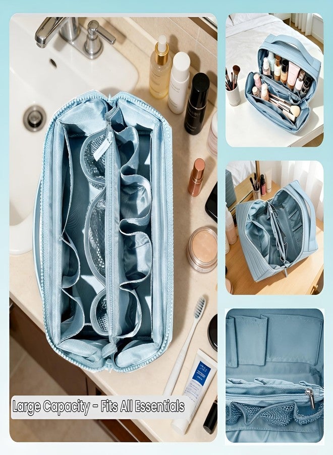 Fold Down Standing Makeup Bag – Large Travel Toiletry Organizer (Blue) - Image 5