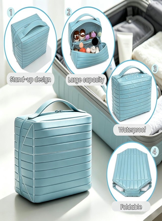 Fold Down Standing Makeup Bag – Large Travel Toiletry Organizer (Blue) - Image 3