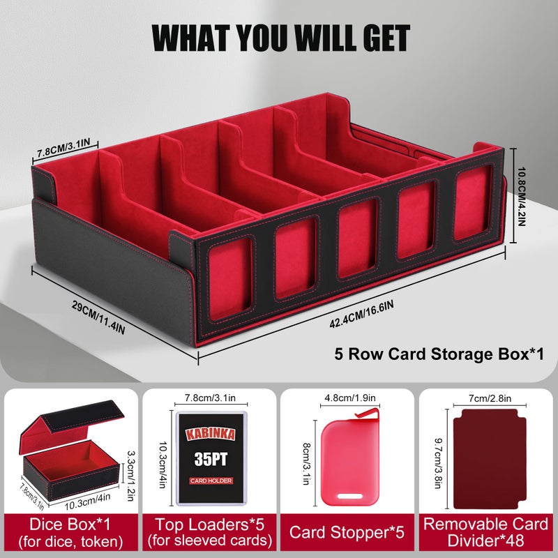 Kabinka Trading Card Storage Box with Commander Display , 5-Row Deck Case with Removable Lid; 3900+ Card Deck Box for MTG TCG Sports Card, 5 Top Loaders, 5 Stoppers, 48 Dividers,1 Dice Tray (Black Red) - Image 3