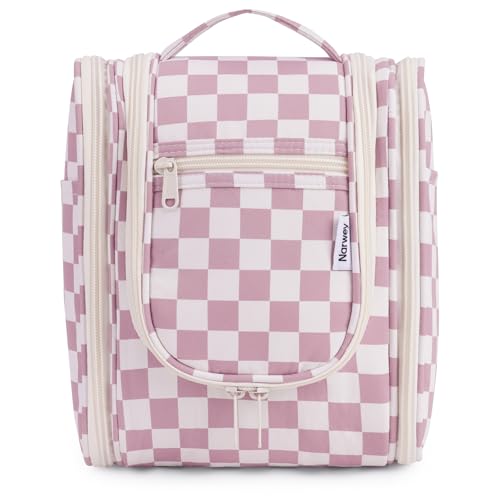 Narwey Small Checkered Hanging Travel Toiletry Bag for Women, Travel Bag for Toiletries, Makeup Bag Organizer Cosmetic Bags Make Up Bags for Women (Dusty Rose Checkerboard) - Image 1