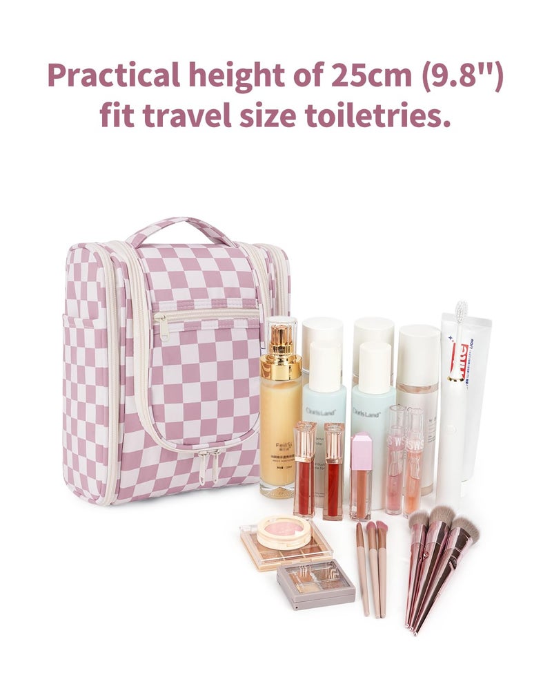Narwey Small Checkered Hanging Travel Toiletry Bag for Women, Travel Bag for Toiletries, Makeup Bag Organizer Cosmetic Bags Make Up Bags for Women (Dusty Rose Checkerboard) - Image 4