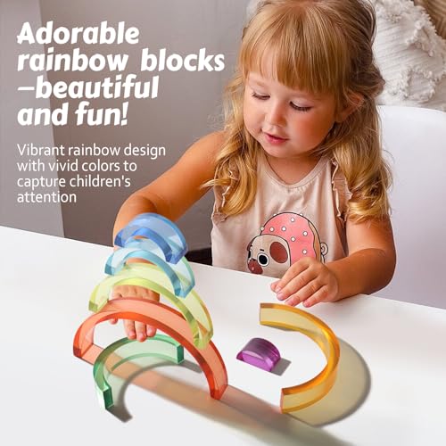 Dinhon Acrylic Rainbow Blocks Set 7 Colors Graduated Arch Blocks Gem Rainbow Stacker Toy for 1 2 3 4 5 Years Old Boys Girls Gift Creative Building Sensory Decorative Birthday Toy - Image 5