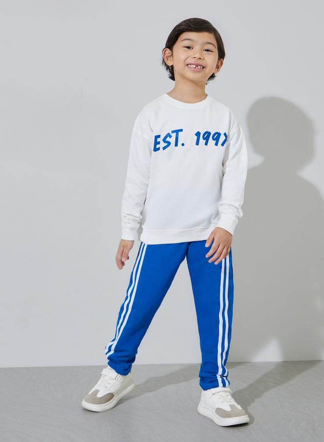 Styli Boys White Graphic Print Sweatshirt and Blue Side Striped Joggers - Image 2