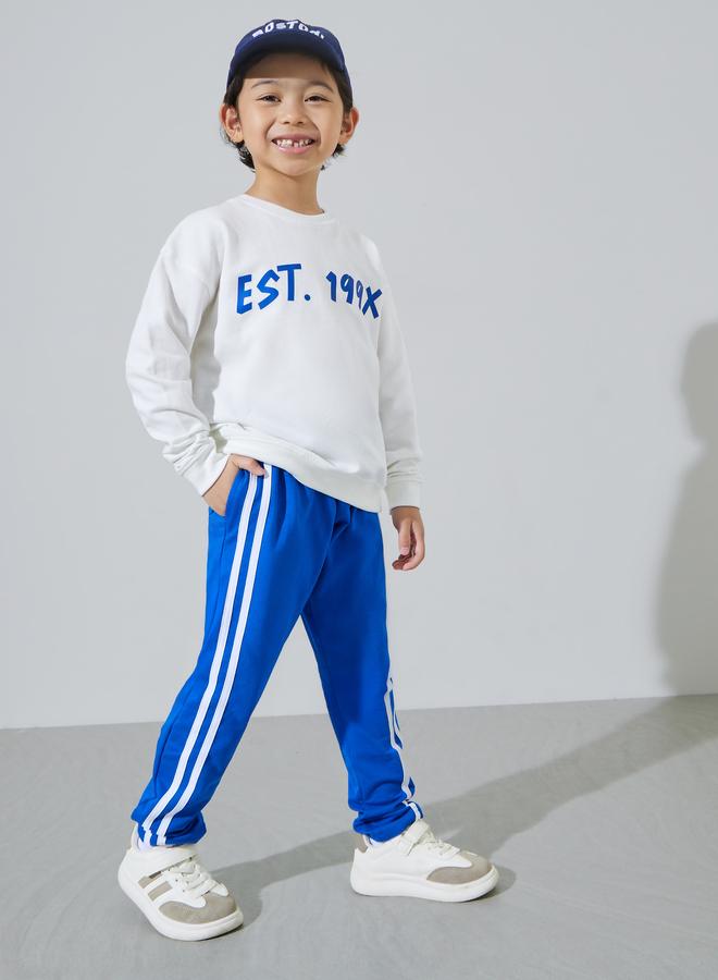 Styli Boys White Graphic Print Sweatshirt and Blue Side Striped Joggers - Image 1