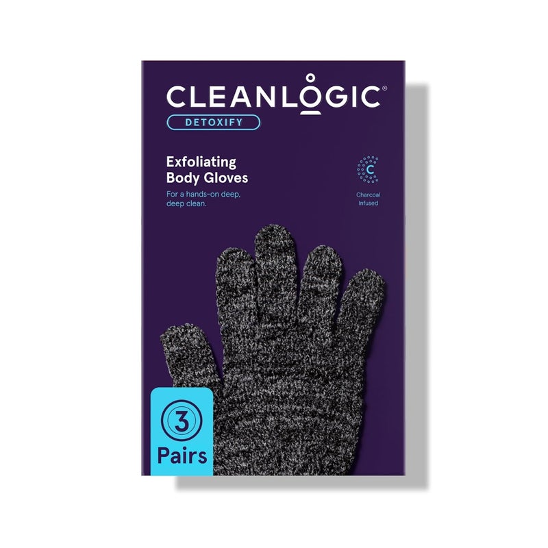 cleanlogic Cleanlogic Detoxify Charcoal Infused Exfoliating Glove, Stretchy Bath & Shower Gloves, Reusable Exfoliator Tool for Smooth & Softer Skin, 3 Pairs, 6 Count Value Pack