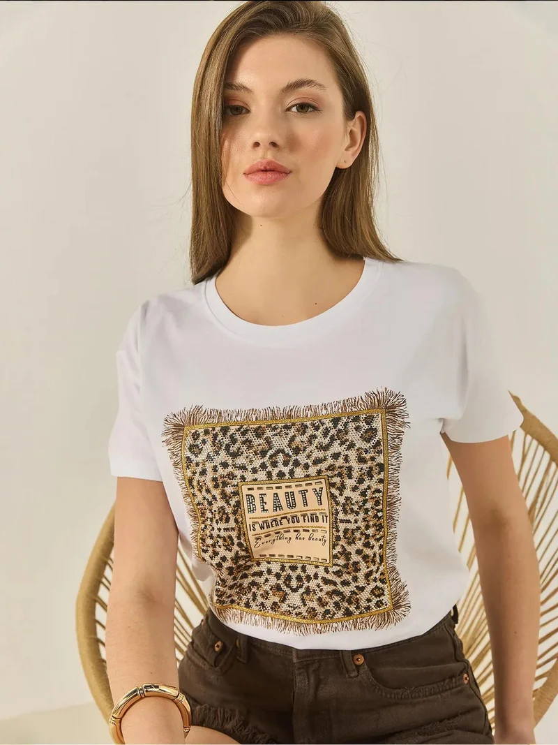 Bianco Lucci White LUCCI Leopard Print Crew Neck T-Shirt for Women | Best Price UAE