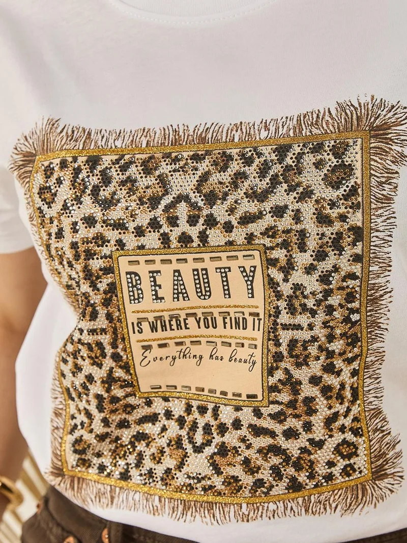 Bianco Lucci White LUCCI Leopard Print Crew Neck T-Shirt for Women | Best Price UAE