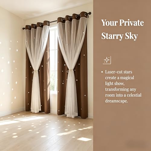 Kinryb 63 Inch Long Star Cut-Out Blackout Curtains for Bedroom Mix and Match Curtain for Kids Girls Bedroom Thermal Insulated Drape 42" W x 63" L Coffee 2 Panels - Image 4