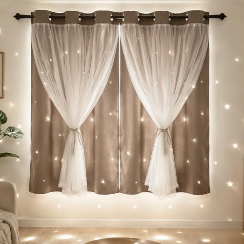 Kinryb 63 Inch Long Star Cut-Out Blackout Curtains for Bedroom Mix and Match Curtain for Kids Girls Bedroom Thermal Insulated Drape 42" W x 63" L Coffee 2 Panels - Image 2