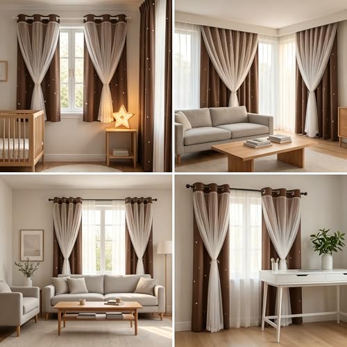 Kinryb 63 Inch Long Star Cut-Out Blackout Curtains for Bedroom Mix and Match Curtain for Kids Girls Bedroom Thermal Insulated Drape 42" W x 63" L Coffee 2 Panels - Image 3