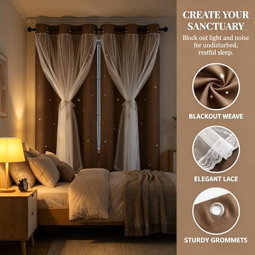 Kinryb 63 Inch Long Star Cut-Out Blackout Curtains for Bedroom Mix and Match Curtain for Kids Girls Bedroom Thermal Insulated Drape 42" W x 63" L Coffee 2 Panels - Image 5