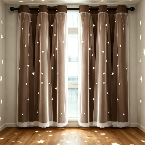 Kinryb 63 Inch Long Star Cut-Out Blackout Curtains for Bedroom Mix and Match Curtain for Kids Girls Bedroom Thermal Insulated Drape 42" W x 63" L Coffee 2 Panels - Image 1