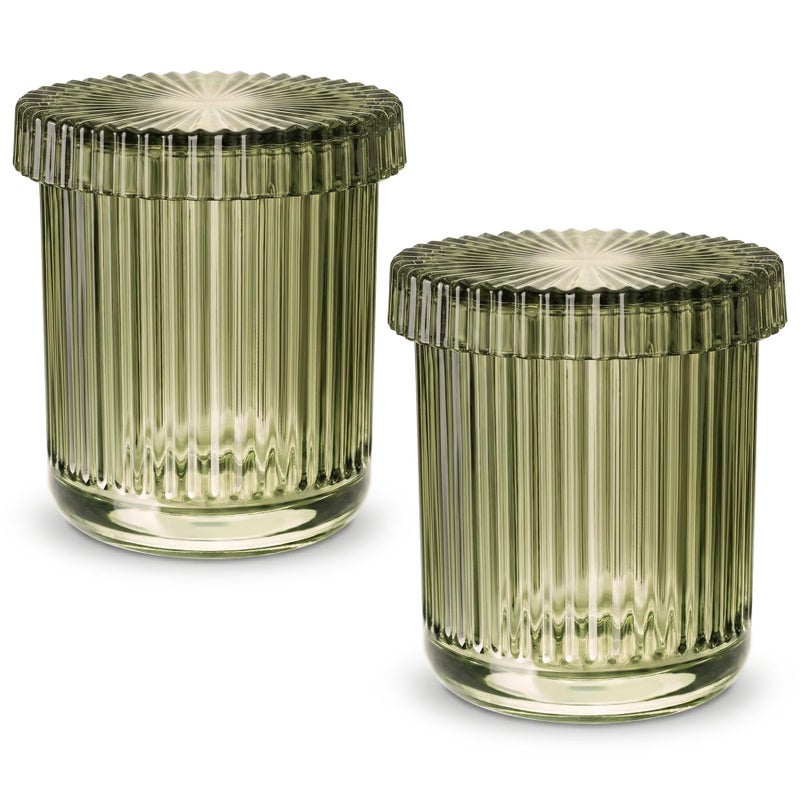 MKOSAB 2 Pack Qtip Holder - Apothecary Jars with Lids, Bathroom Organizers and Storage Canister for Cotton Balls,Swabs,Floss Picks,Hair Ties,Clear Glass Vintage Bathroom Decor Jar Set (green2) - Image 1