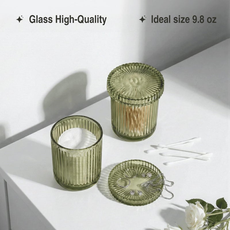 MKOSAB 2 Pack Qtip Holder - Apothecary Jars with Lids, Bathroom Organizers and Storage Canister for Cotton Balls,Swabs,Floss Picks,Hair Ties,Clear Glass Vintage Bathroom Decor Jar Set (green2) - Image 4
