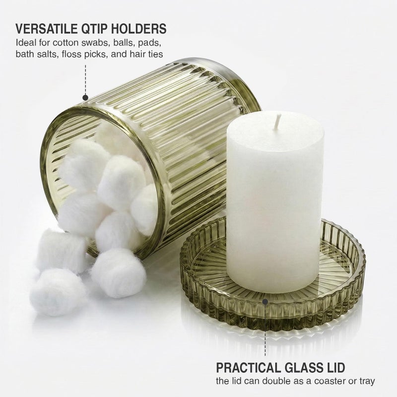 MKOSAB 2 Pack Qtip Holder - Apothecary Jars with Lids, Bathroom Organizers and Storage Canister for Cotton Balls,Swabs,Floss Picks,Hair Ties,Clear Glass Vintage Bathroom Decor Jar Set (green2) - Image 3
