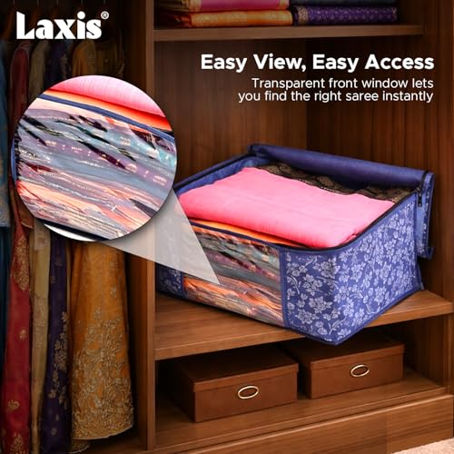 LAXIS® Saree Covers With Zip Non-Woven Printed Saree Cover/Saree Organizer For Wardrobe/Cloth Storage With Transparent Window/Saree Bags Storage/Clothes Organizer (Blue- Pack of 12) - Image 5