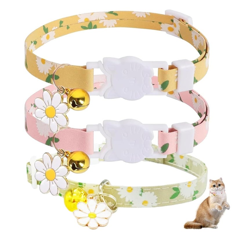 Cat Collar – Pink 2 + Light Green 2 + Yellow 2, Size S (1.0x18-28CM), with Bell, Breakaway