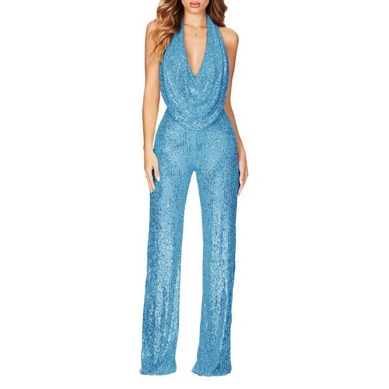 Women's Sleeveless Halter Sequin Jumpsuit - High Waist Straight Leg One Piece, Elegant Office & Evening Wear