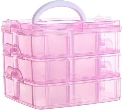 Jaravik Plastic 3 layer pink 18 Grid Square Portable Transparent Storage Detachable Box Organizer Case for jewelry sewing button earrings Hair Accessories, 20x15 cm 