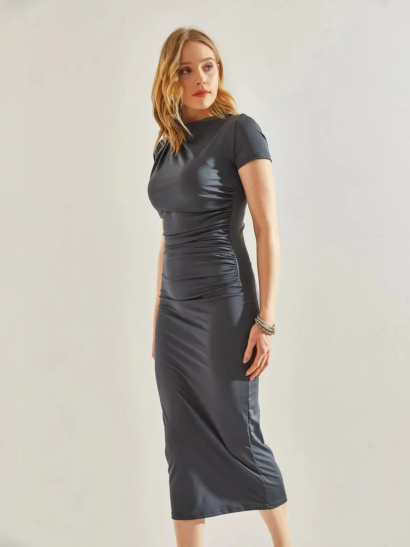Bianco Lucci LUCCI Fitted Midi Dress with Ruffle Detail