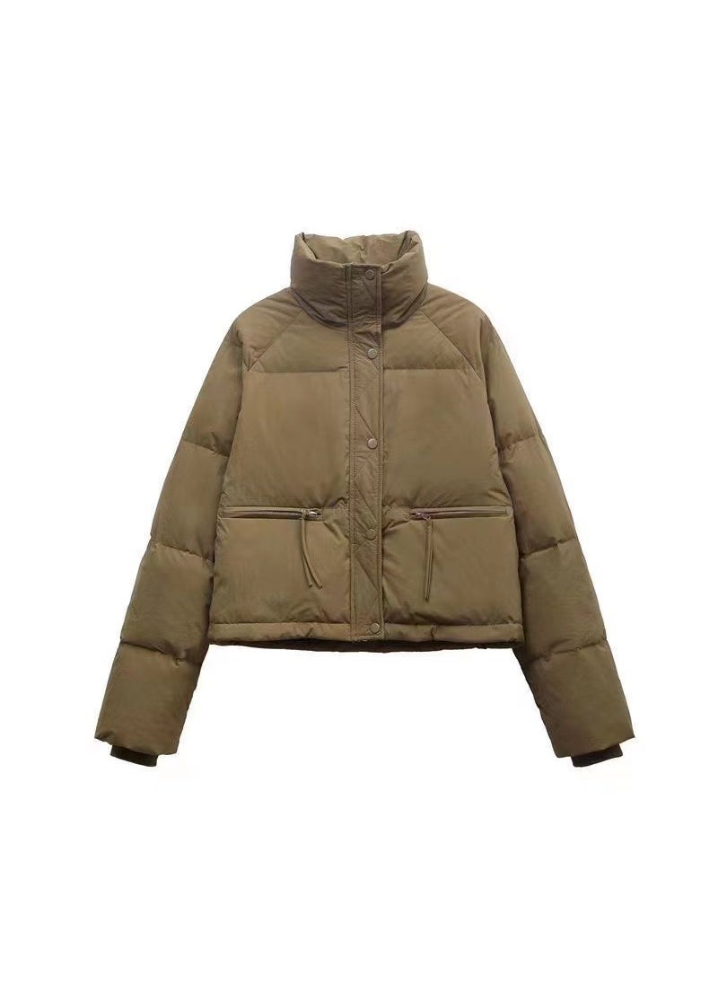 Generic - 2024 Winter New Style Korean DownCotton Padded Coat Womens Cropped Stand Collar Petite Thickened Fashionable Jacket Puffer Jack Mocha brown - Image 1