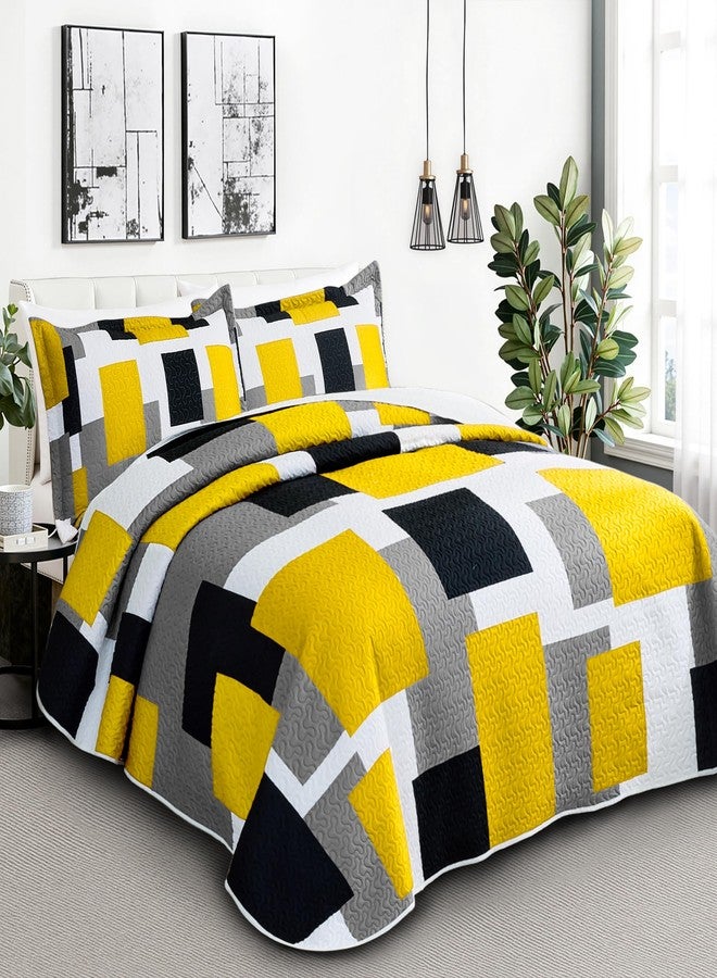 Tyrot 3 Piece Yellow Grey Quilt Set Full/Queen Size Yellow Gray White Geometric Reversible Bedding Set Microfiber Lightweight Bedspread Coverlet with 2 Shams Modern Bed Cover for All Season, 90''x96'' - Image 2