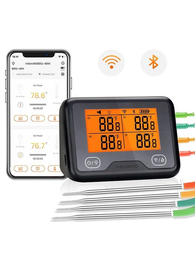 INKBIRD - INKBIRD WiFi & Bluetooth Grill Meat Thermometer IBBQ-4BW with 4 Colored Probes Timer High/Low Temp Alarm WiFi Wireless Barbecue Thermometer for Oven Kitchen Support Android & iOS - Image 1