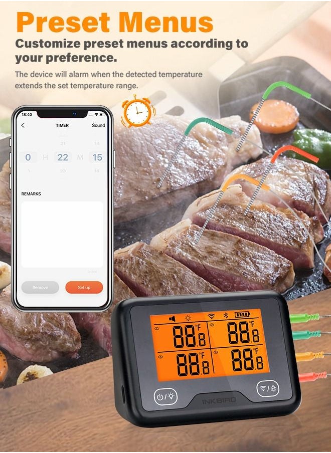 INKBIRD - INKBIRD WiFi & Bluetooth Grill Meat Thermometer IBBQ-4BW with 4 Colored Probes Timer High/Low Temp Alarm WiFi Wireless Barbecue Thermometer for Oven Kitchen Support Android & iOS - Image 1